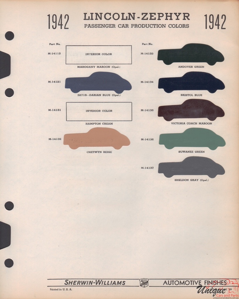 1942 Lincoln Paint Charts Williams 1